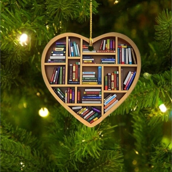 New Christmas Tree Ornament Books Lover Bookworm Heart Book lover Shelf - Picture 1 of 12